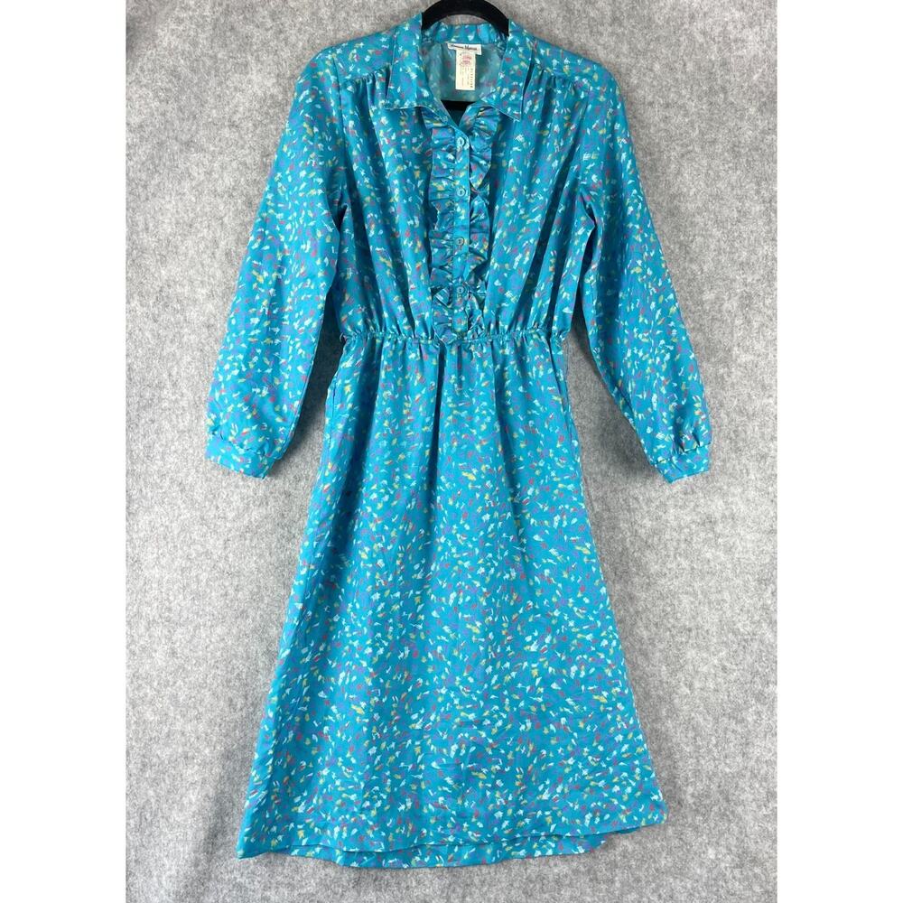 Vintage Neiman Marcus Dress Womens Medium Blue Printed Ruffle Retro USA Made